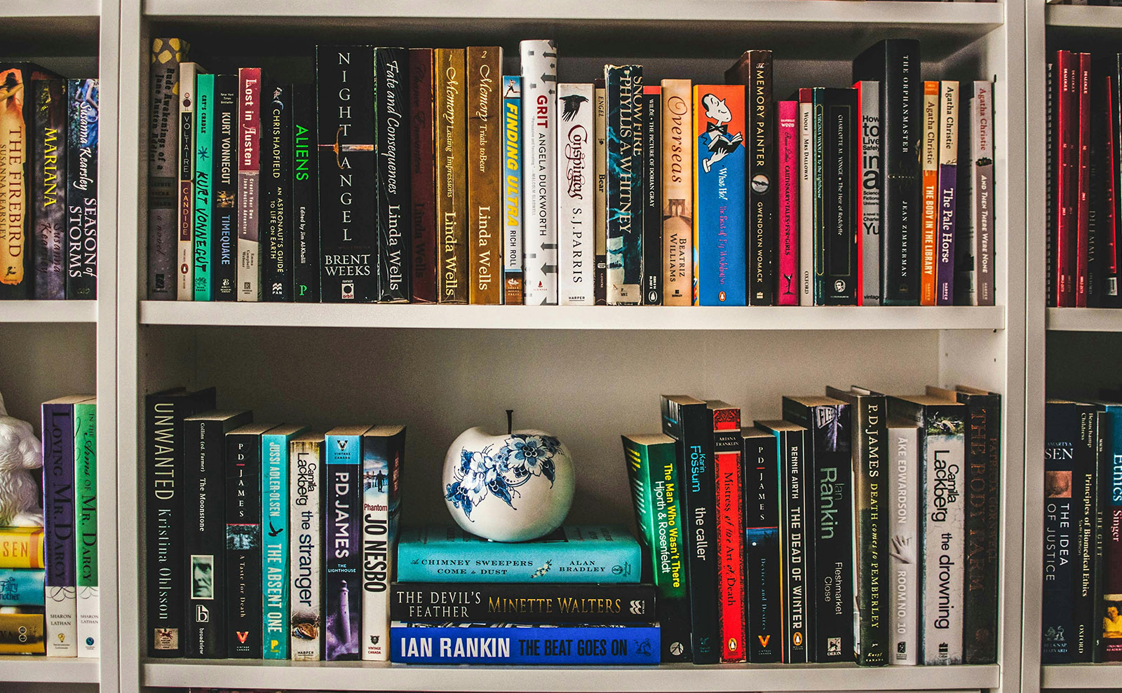 close-up photo of a gray bookshelf with colorful book spines facing out