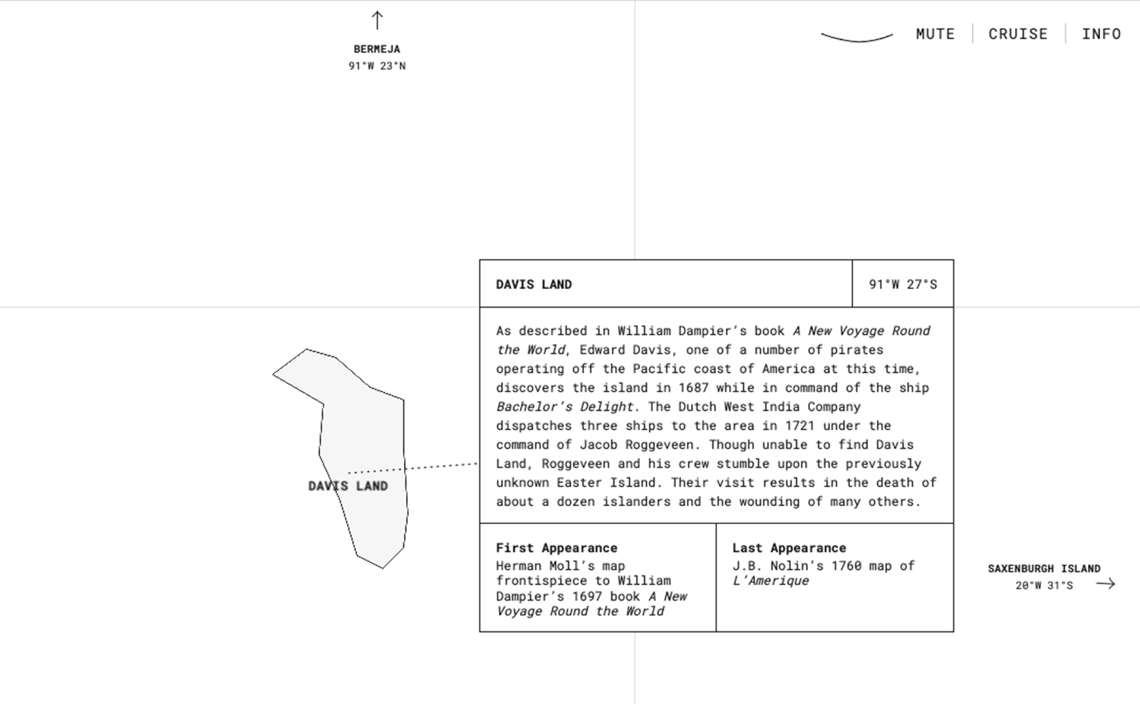black and white map showing fictional islands with a box of text