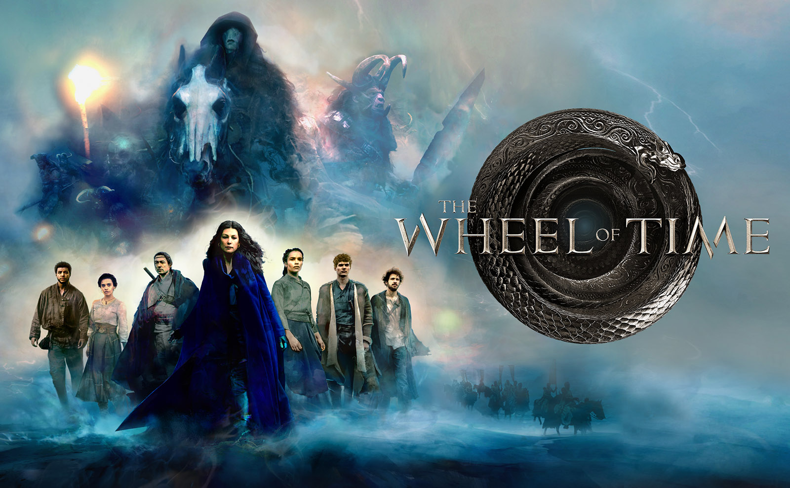 a color image of the cast of the wheel of time standing in formation under a stormy sky