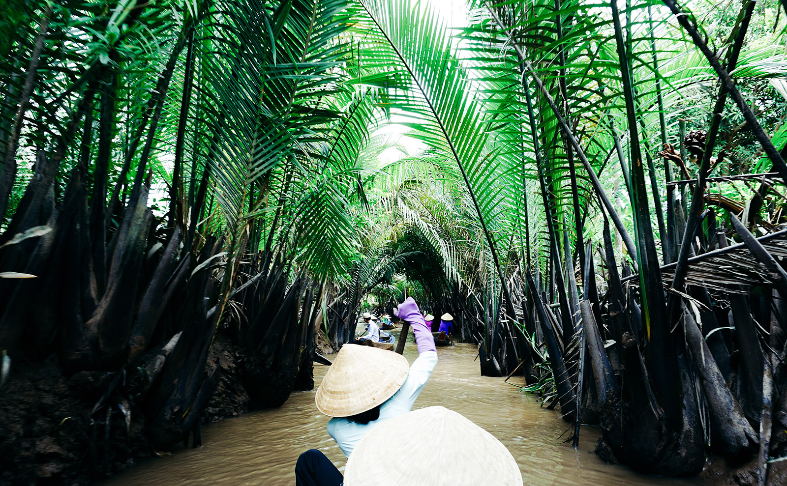 person paddling boat on the mekong river