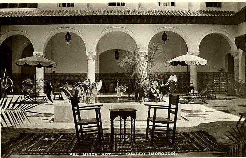 black and white photo of the el minzah hotel and garden