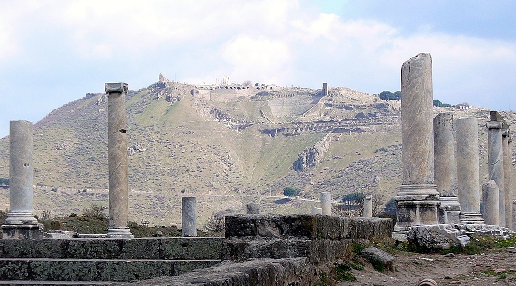 library ruins with partial columns on a brown grassy hill