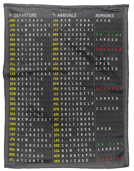 blanket printed with a flight board image