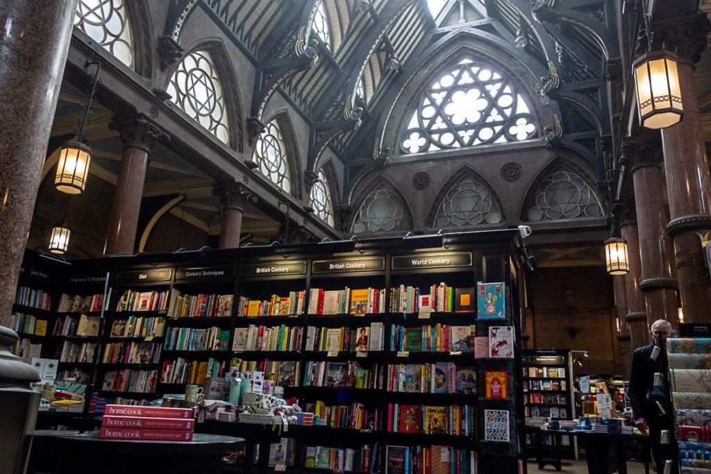 bookshelf and ornate window in waterstones books in bradford