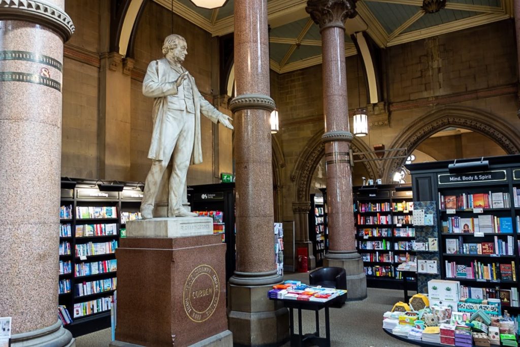 statue in waterstones books in bradford
