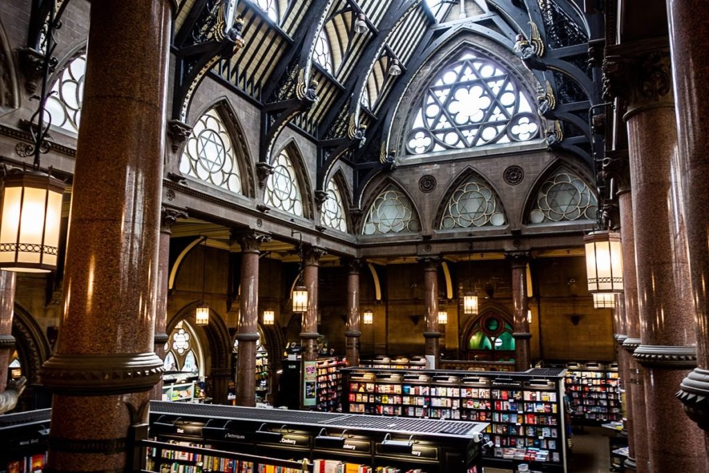 bookshelf and ornate window in waterstones books in bradford