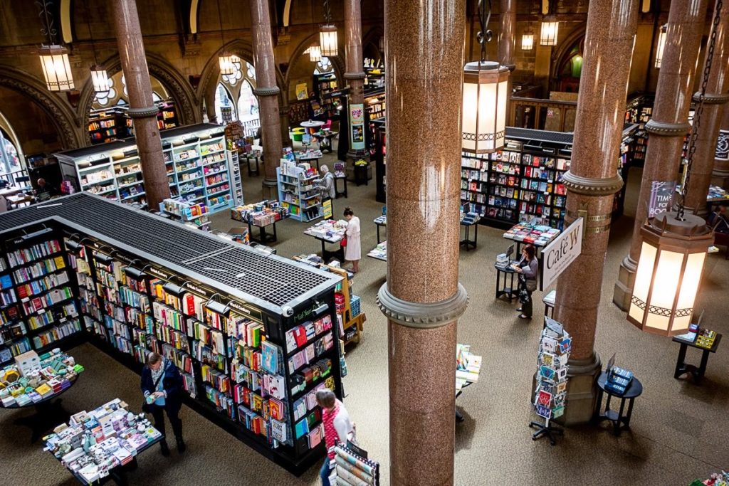 overhead view of bookshelves in waterstones books in bradford