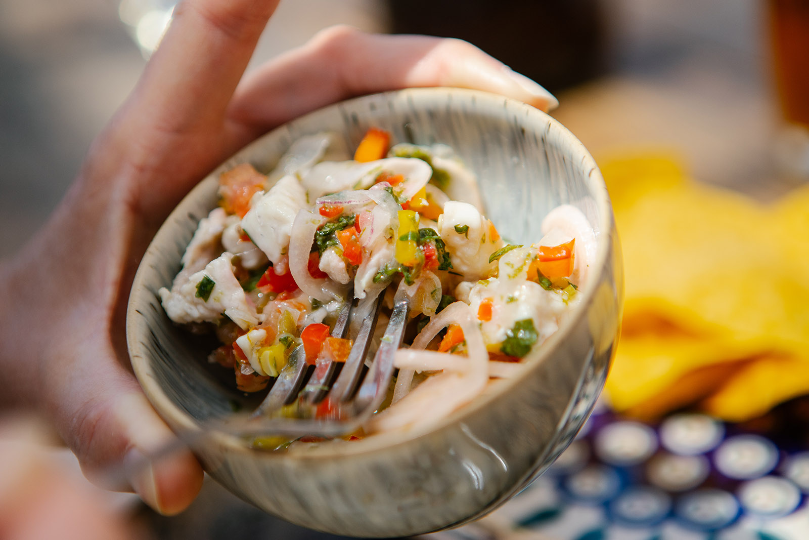 ceviche in a small stone bowl