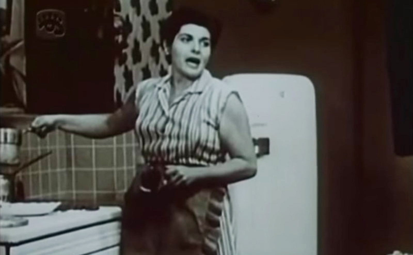 black-and-white photo of nitza villapol in the kitchen