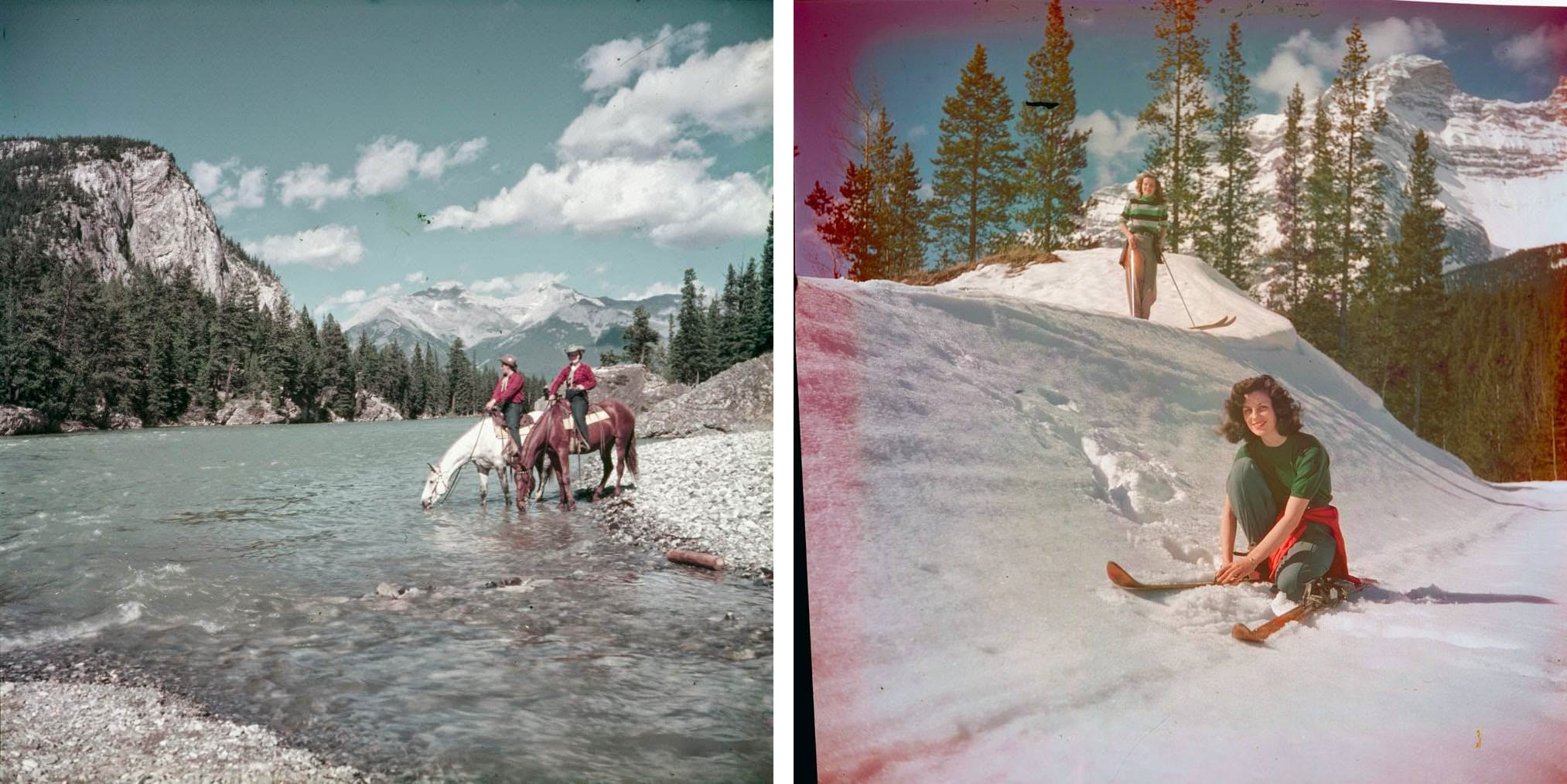 two mounties on horses looking at a pretty lake and two young girls skiing on a slope under sunny skies
