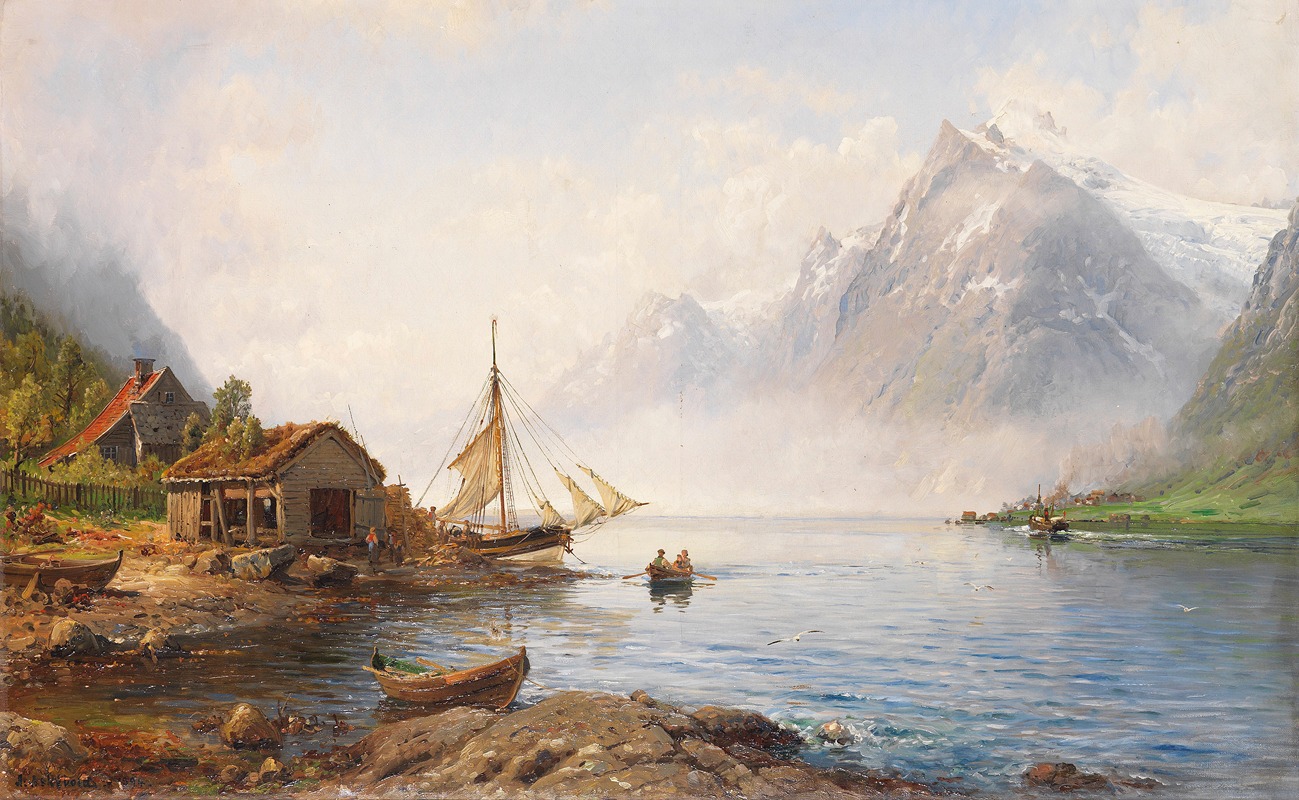 impressionistic painting of a small boat in a fjord in norway