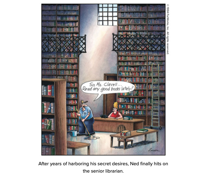  a cartoon of a janitor flirting with a librarian