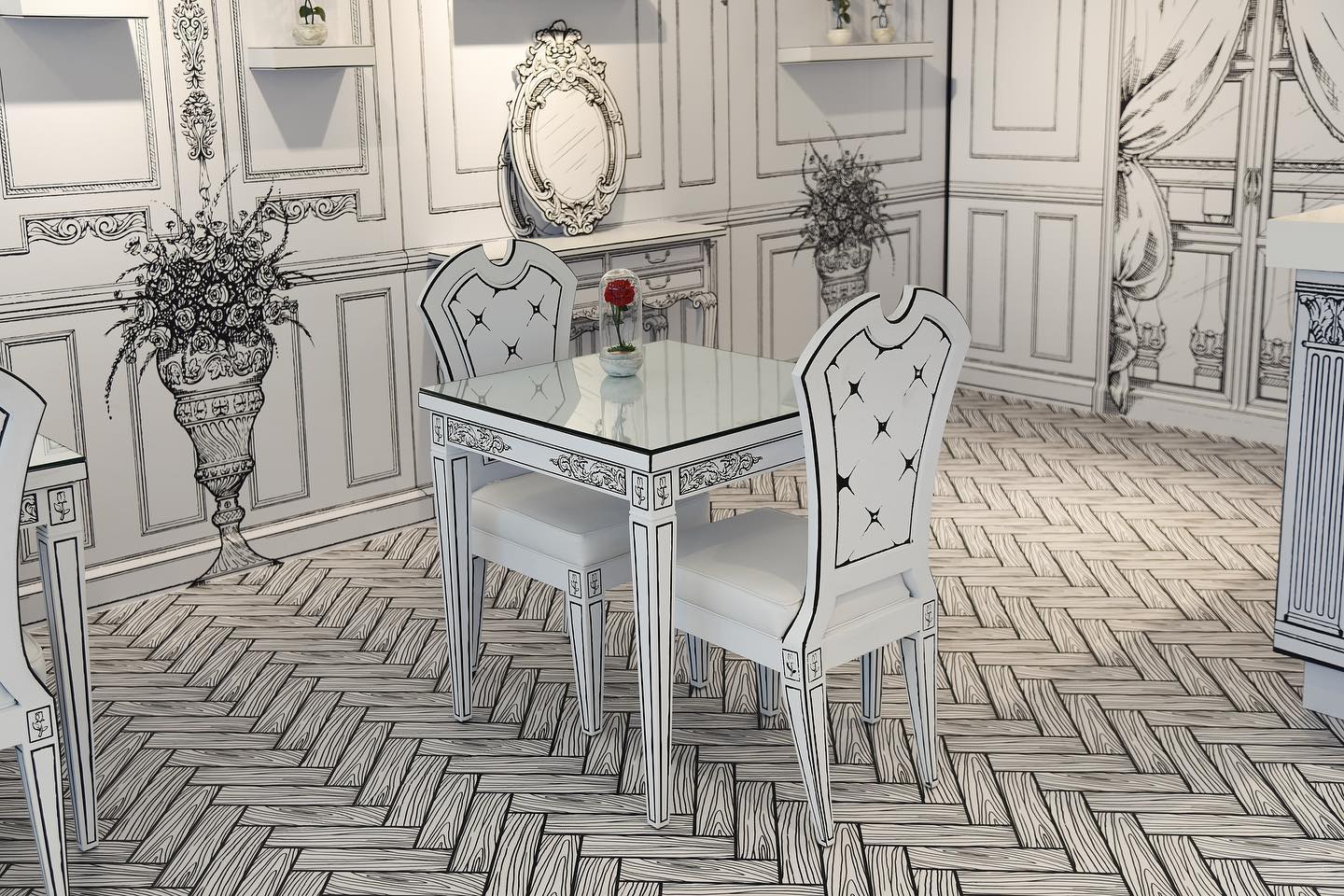  photo of black and white decor of the forever rose cafe in dubai