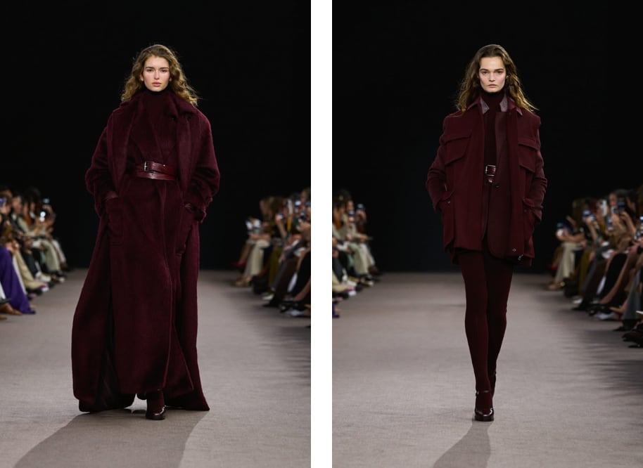 models wearing wine-colored outfits walking in the max mara fashion show