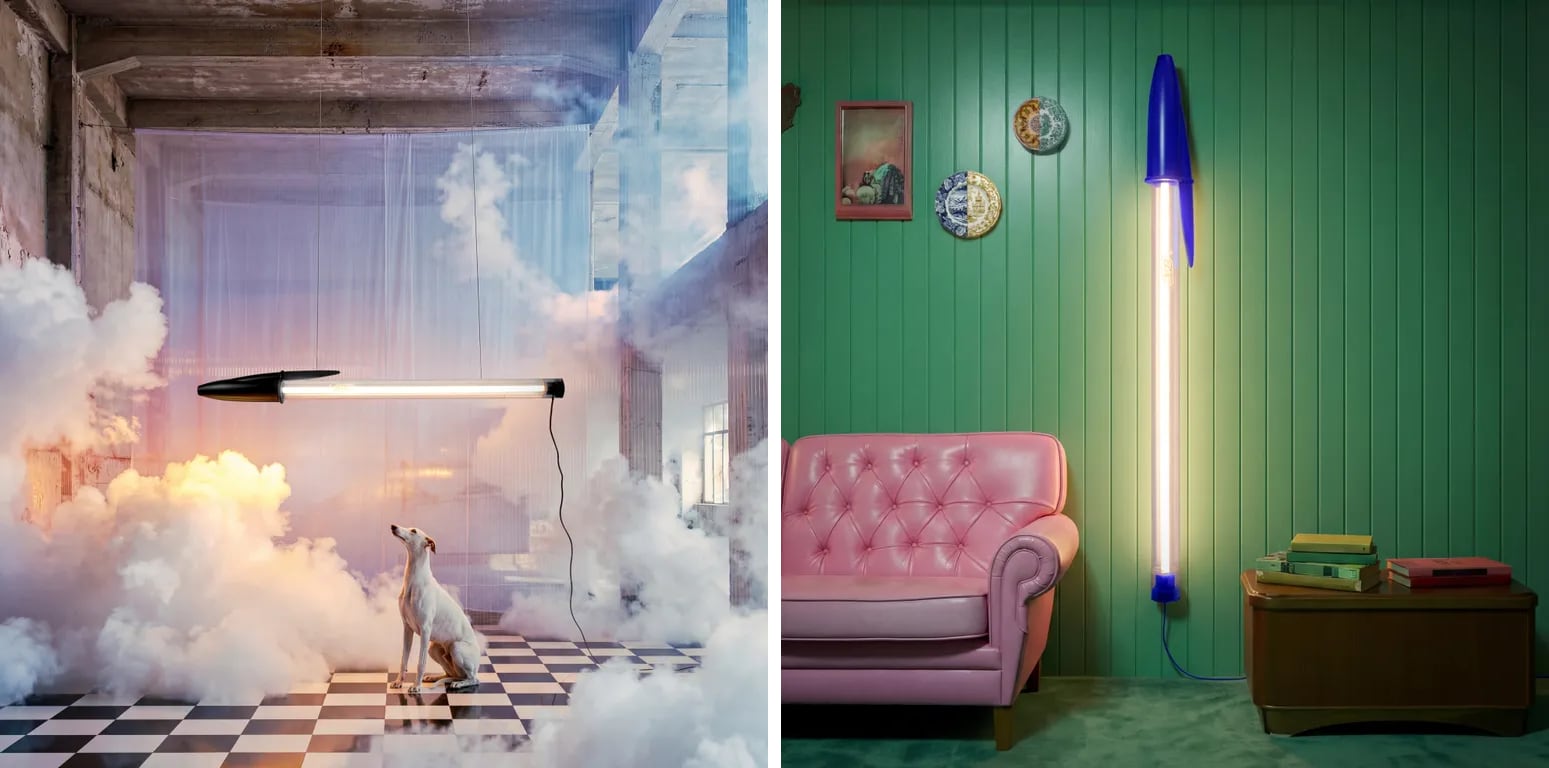 color photos of lamps that look like giant pens hanging in offices