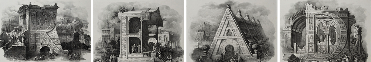 black and white illustrations of the letters R E A D in the shape of buildings