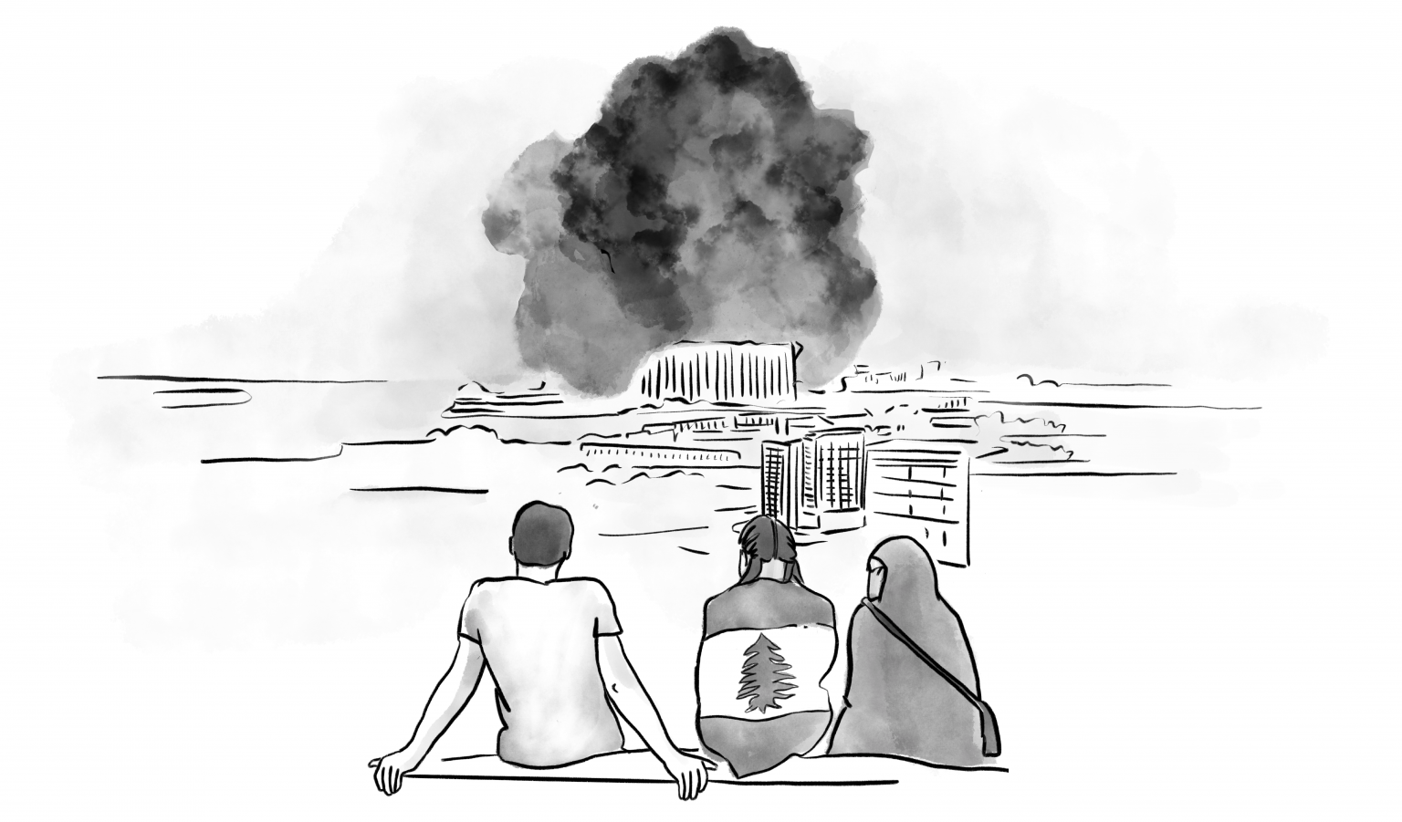 black and white illustration of three people on a hill overlooking beirut