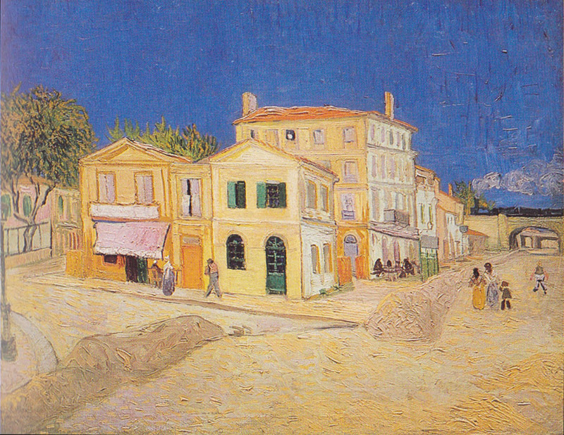 van gogh painting of a yellow house in a tawny-colored town square under a bright blue sky