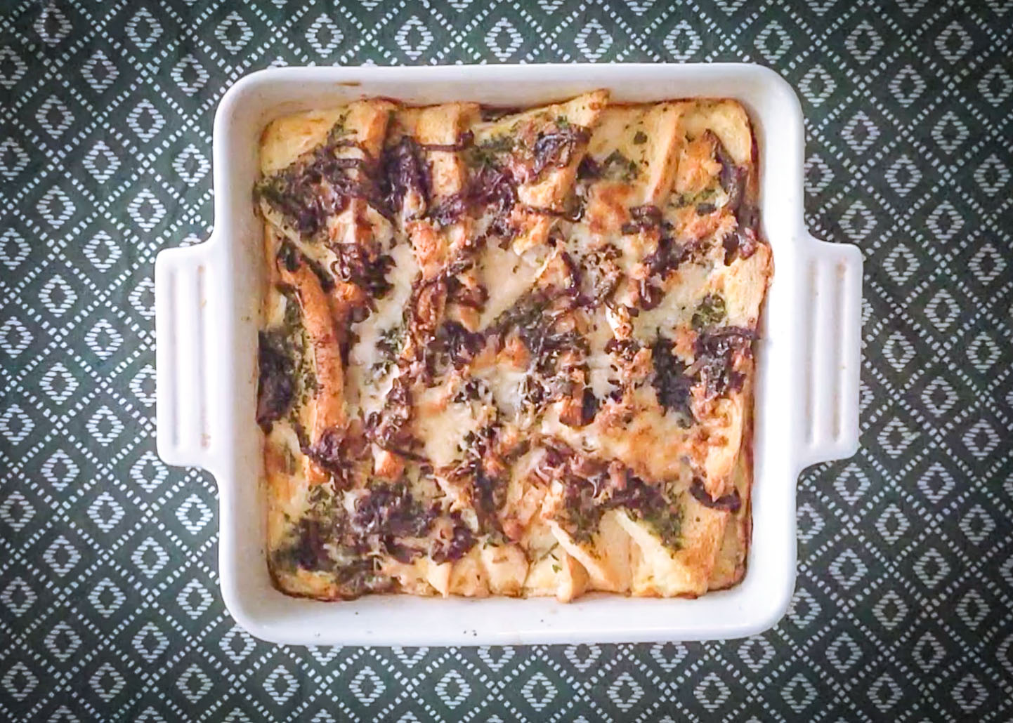 square casserole of shepherd's breakfast bake on a table