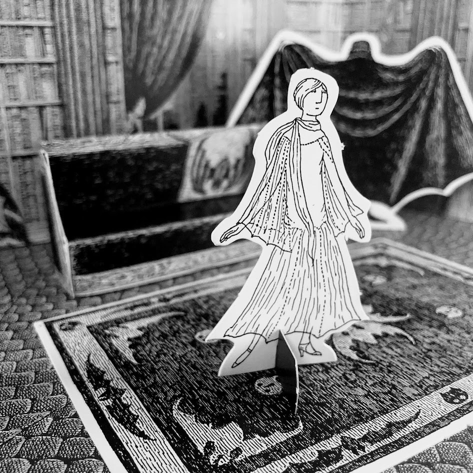 black and white drawing of edward gorey dracula toy theater
