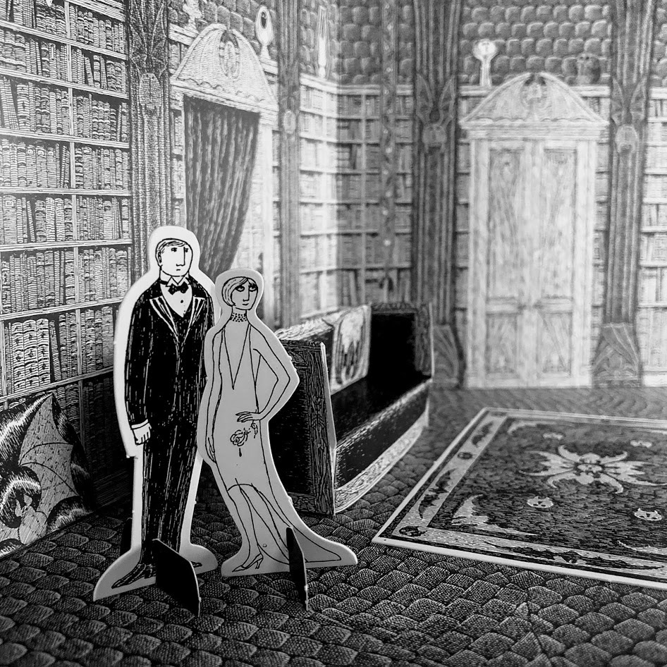 black and white drawing of edward gorey dracula toy theater