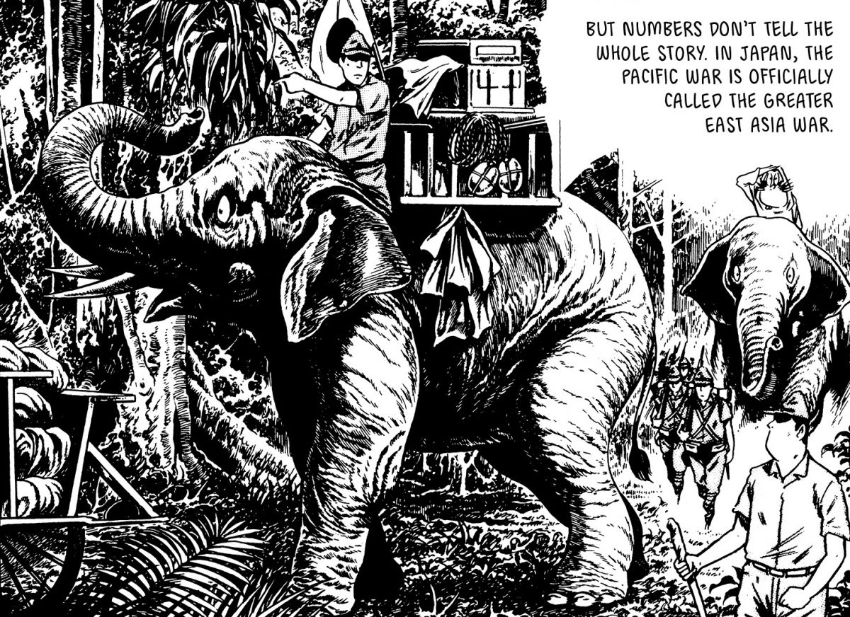 panel of elephant in the jungle with a Japanese soldier on its back