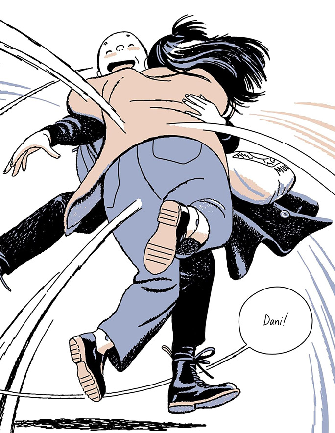 blue and peach page of comics showing two people happily hugging