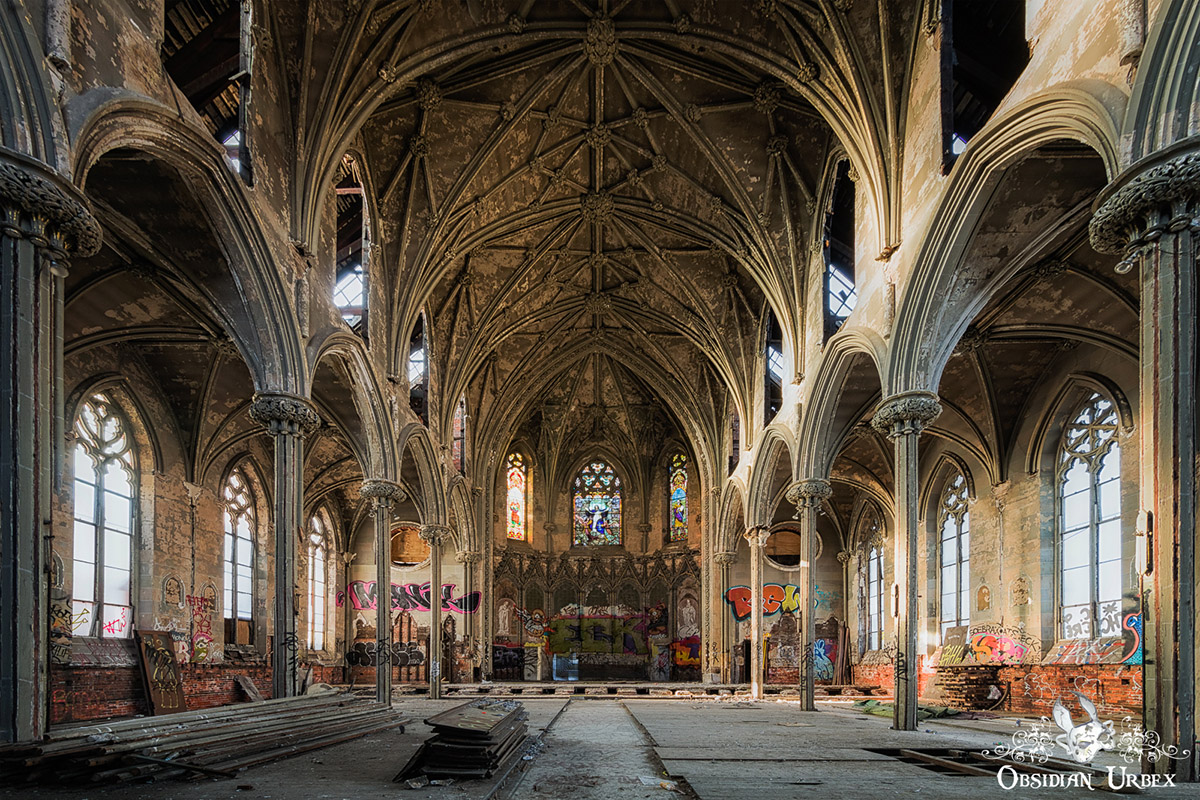 abandoned gothic church with graffiti