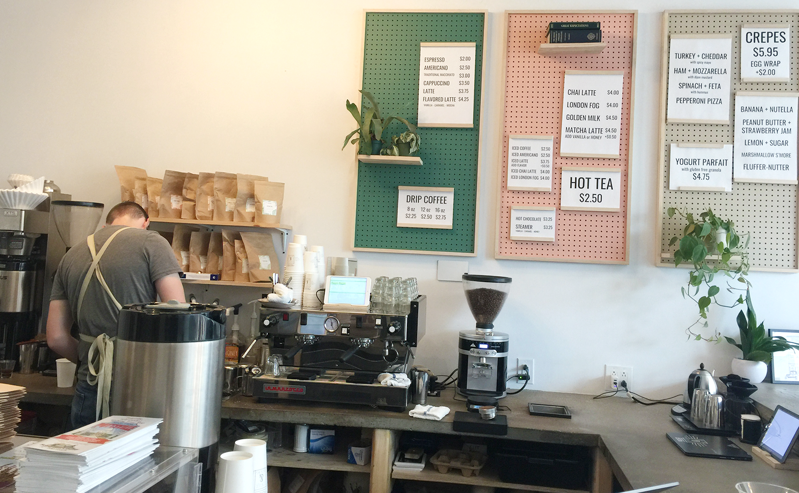 coffee counter in pressed coffee and books