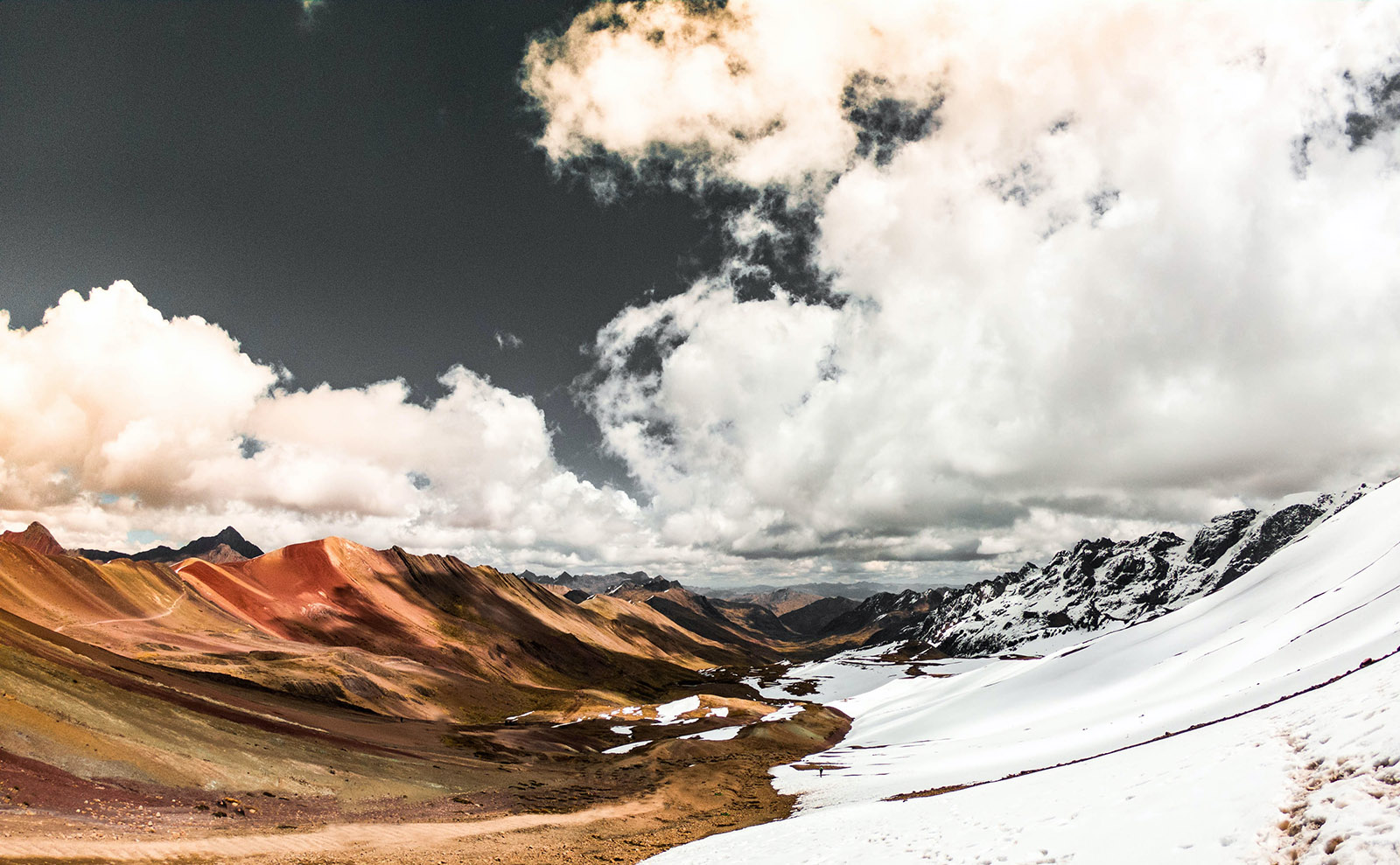 red stone vista with white snowcaps in peru