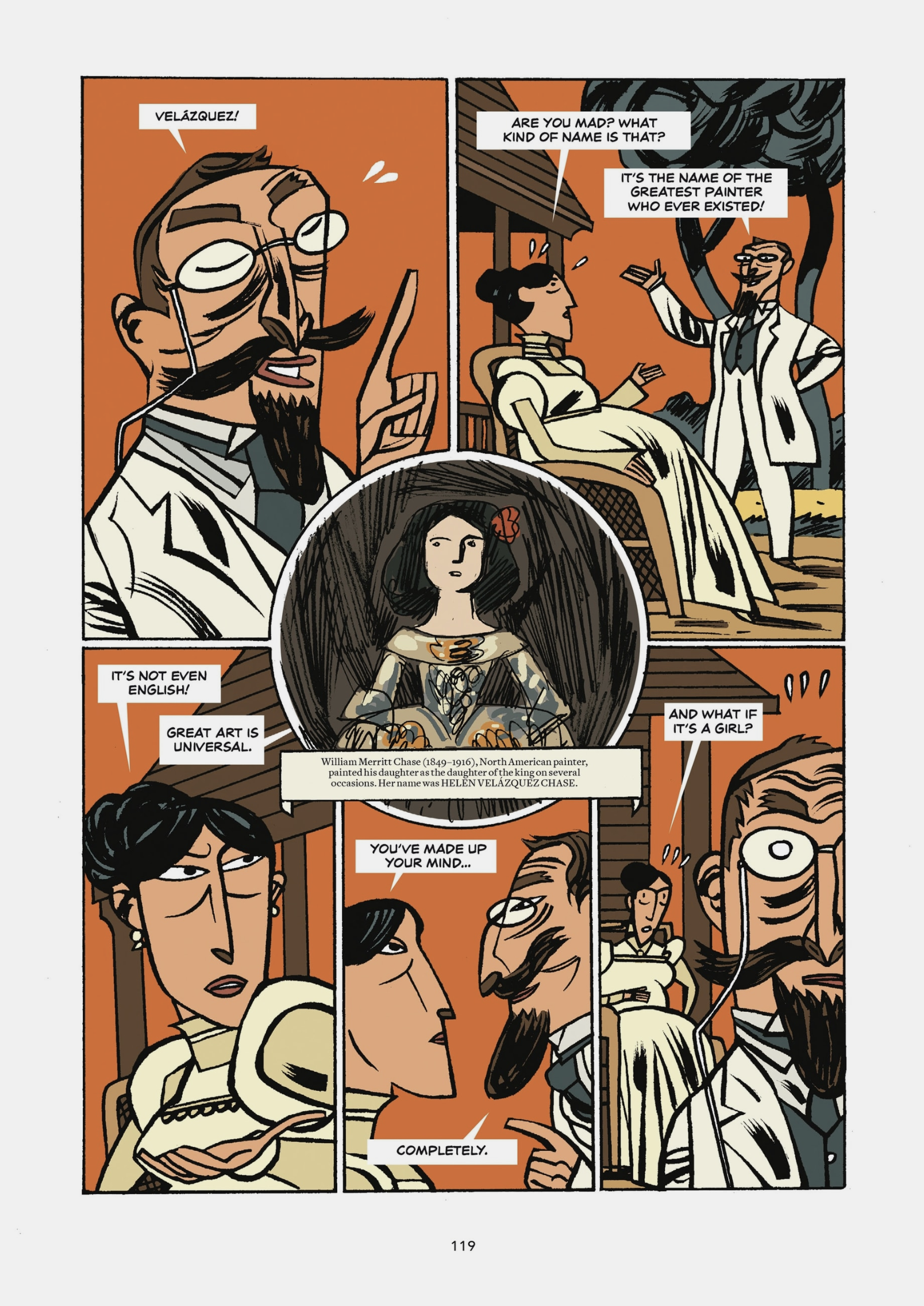 a panel from the graphic novel showing the artist's parents talking about what to name velazquez, drawn in black, white, and orange