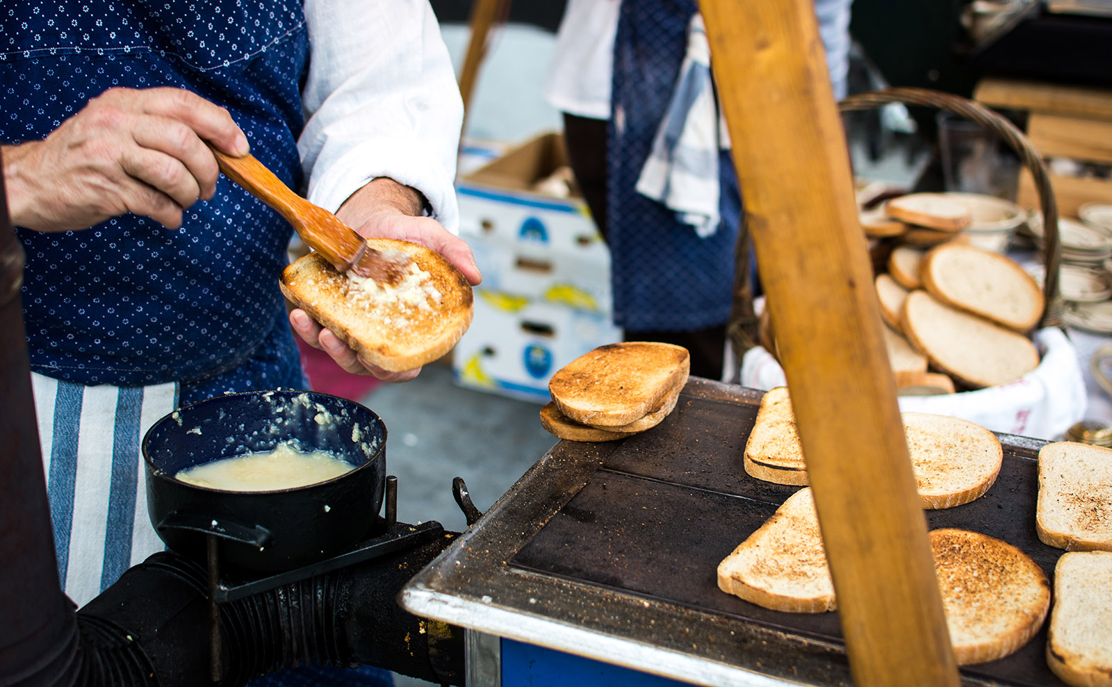 slices of rye bread toasting on a griddle