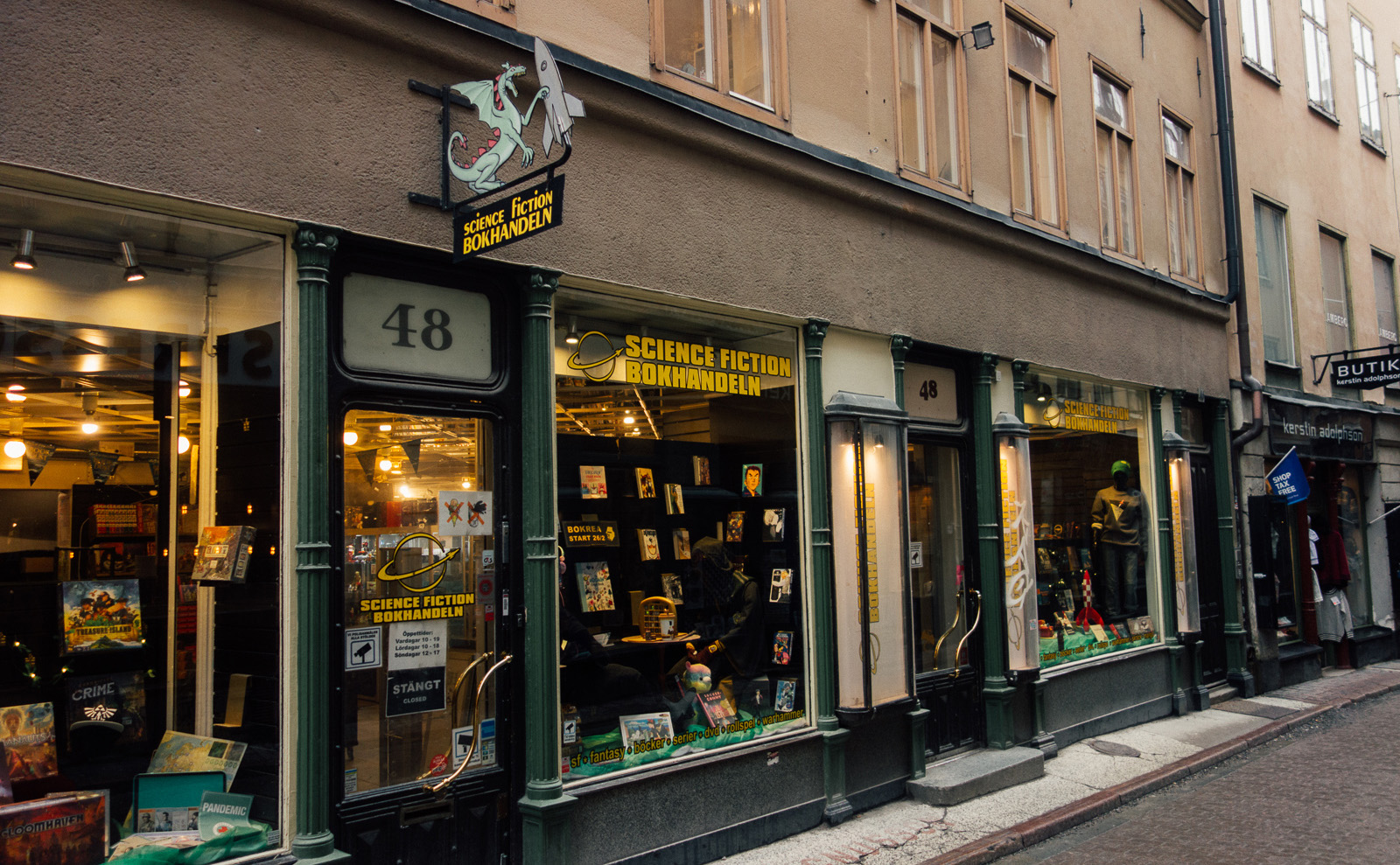 a book display in the sci-fi bookshop in stockholm, sweden
