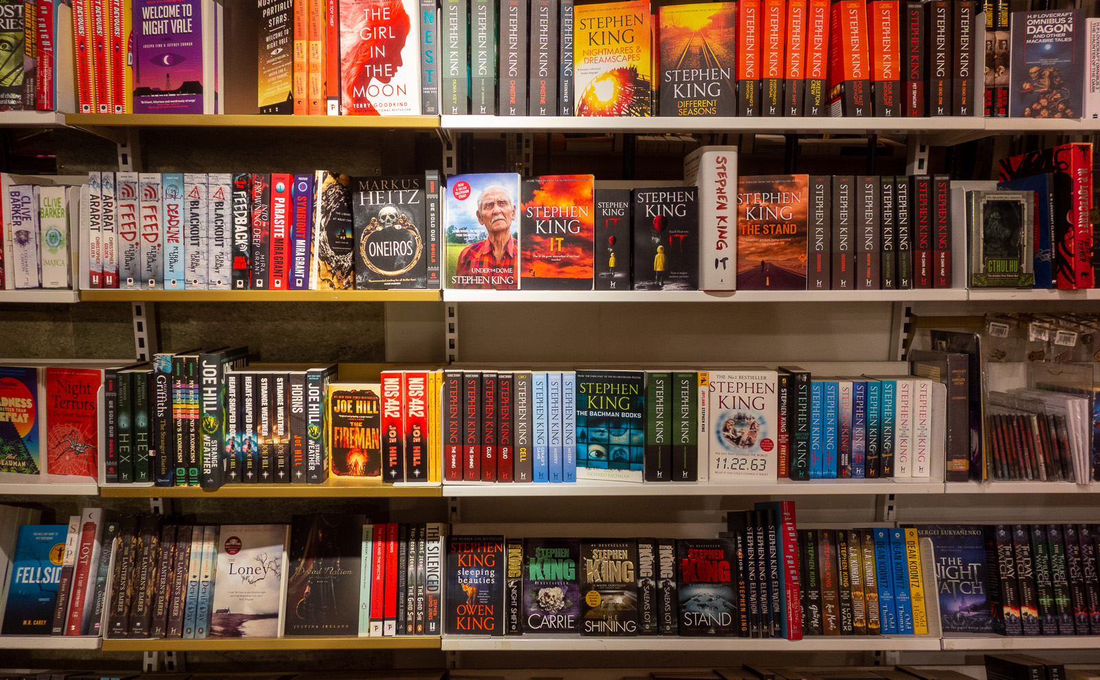 a book display in the sci-fi bookshop in stockholm, sweden