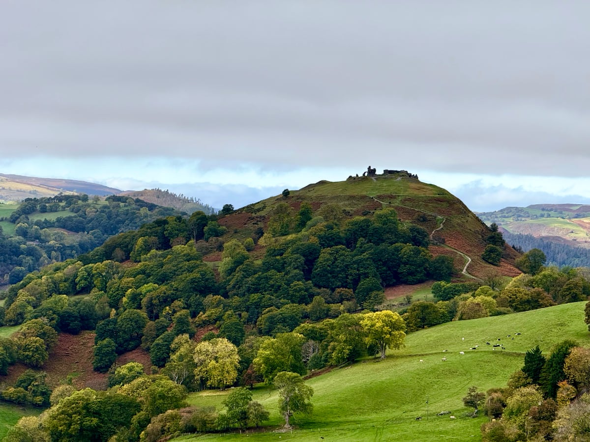 green hillside with castle ruins on the top